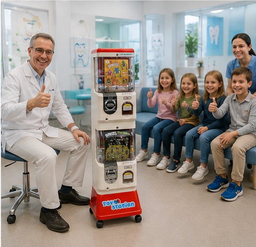 Zahnarzt und Kinder zeigen Daumen hoch neben dem Toy-Station-Automaten