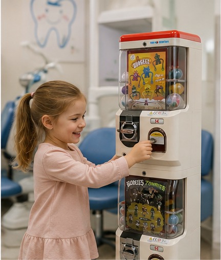 Mädchen im rosa Kleid dreht am Münzautomaten der Toy Station